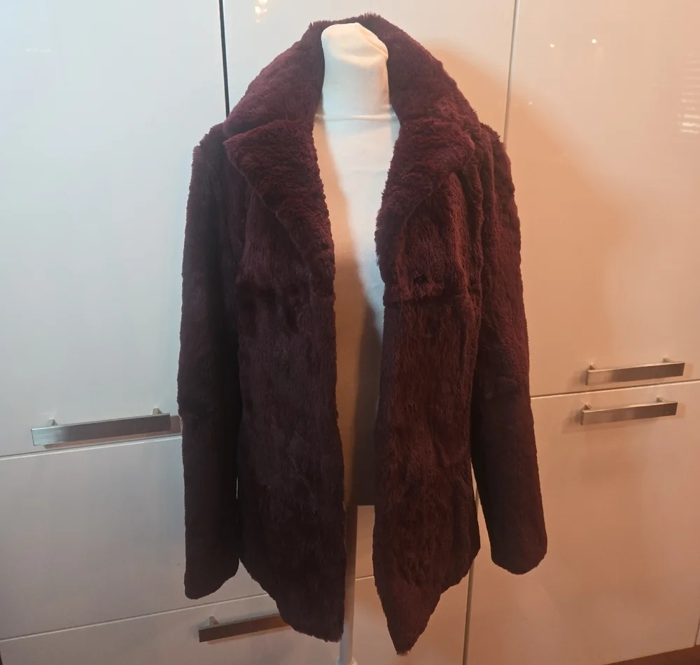 VTG 90s Burgundy Rabbit Fur Retro Pea Coat Womens XS - Picture 2 of 9